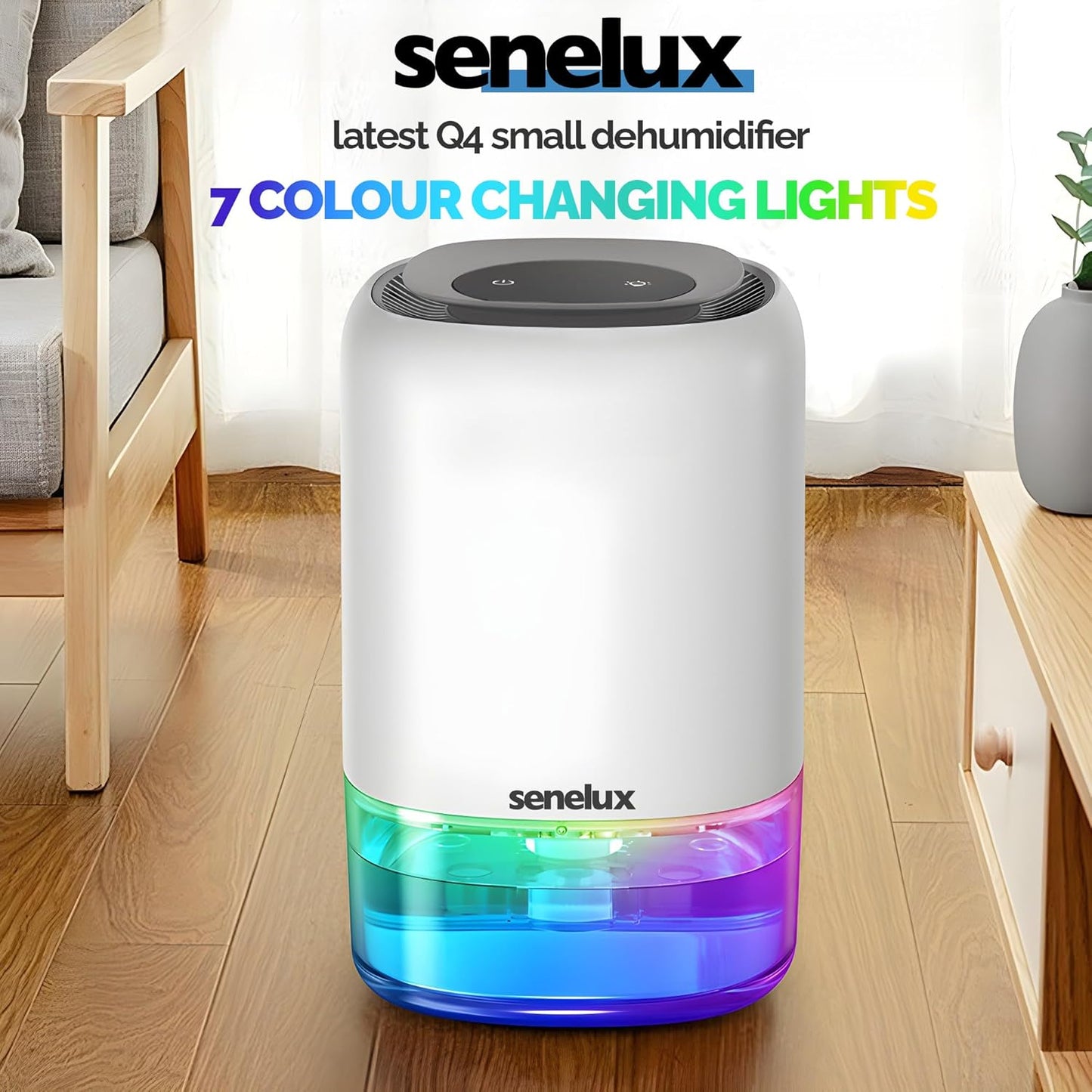 Senelux 1100ml Electric Dehumidifier for Home Damp with 7 Colorful Lights, Portable Small Dehumidifier Auto Shut Off for Drying Clothes, Bedroom, Mould, Wardrobe