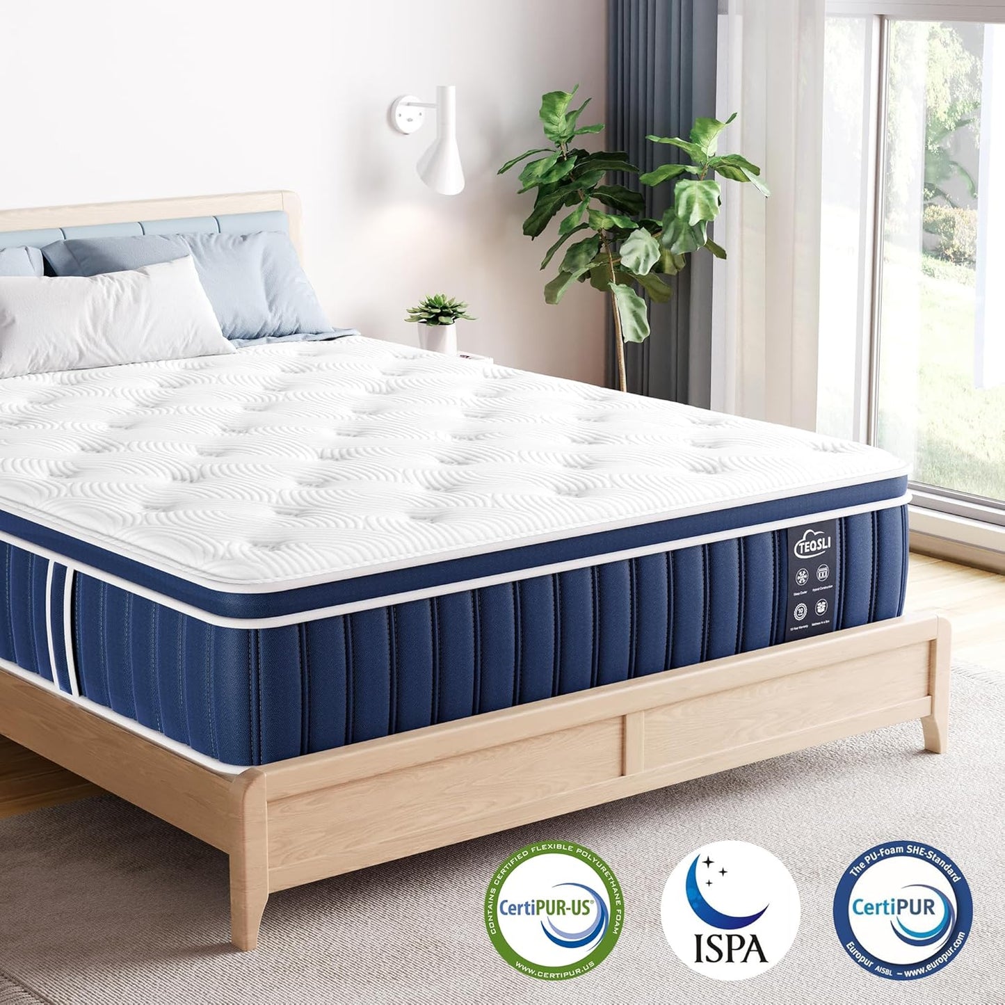 TeQsli 4FT6 Double Mattress, 10.6 Inch Memory Foam Sprung Hybrid Mattress for Pressure Relief & Edge Support, 9-Zone Support Orthopedic Medium Firm with Skin-Friendly Fabric 135x190x27cm