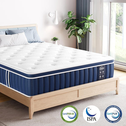 TeQsli 4FT6 Double Mattress, 10.6 Inch Memory Foam Sprung Hybrid Mattress for Pressure Relief & Edge Support, 9-Zone Support Orthopedic Medium Firm with Skin-Friendly Fabric 135x190x27cm