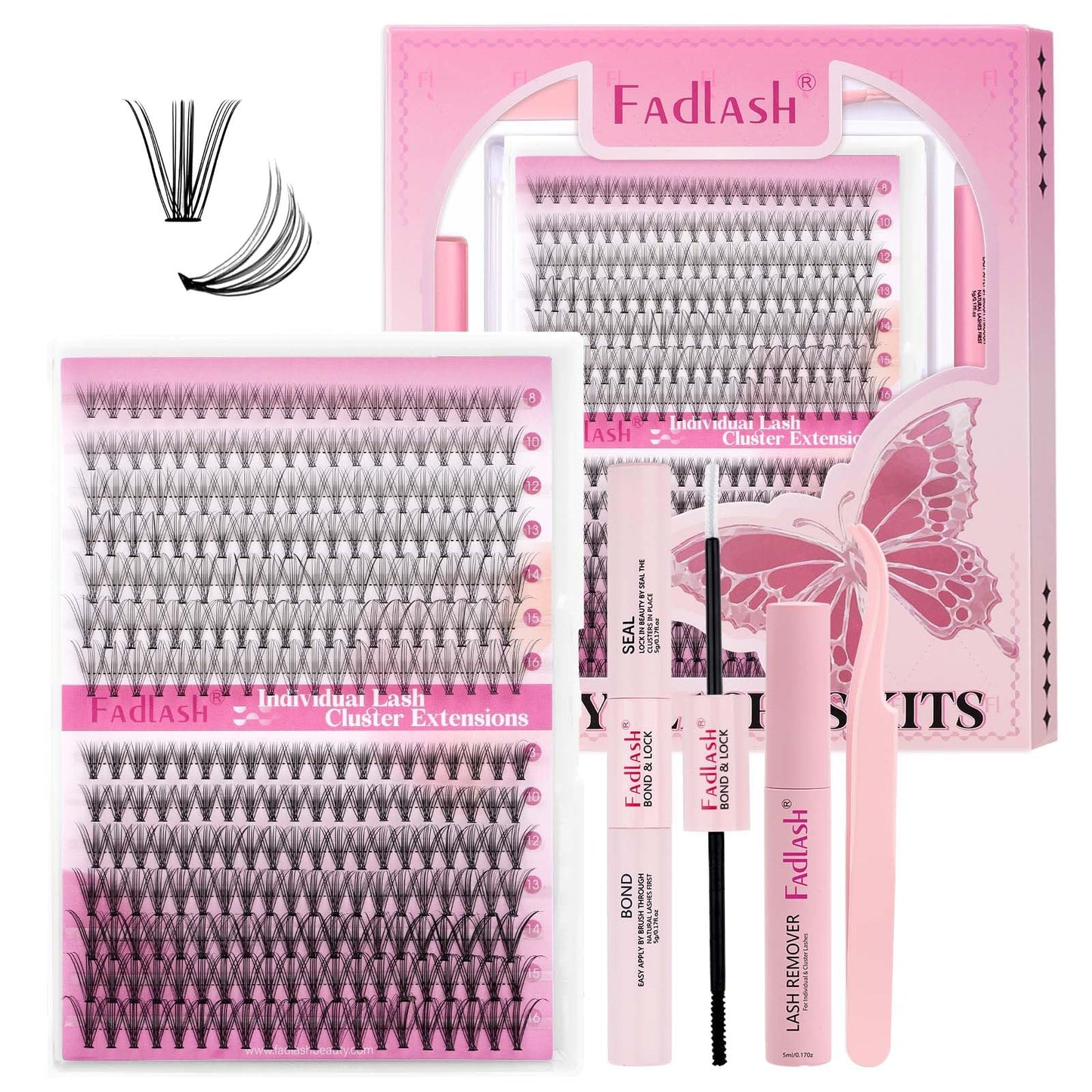 FADLASH DIY Lash Extension Kit Individual Lashes Clusters30P+40P D Curl 8-16mm Lash Bond and Seal, Clusters Lash Glue Remover and Eyelash Tweezers for Eyelash Extensions