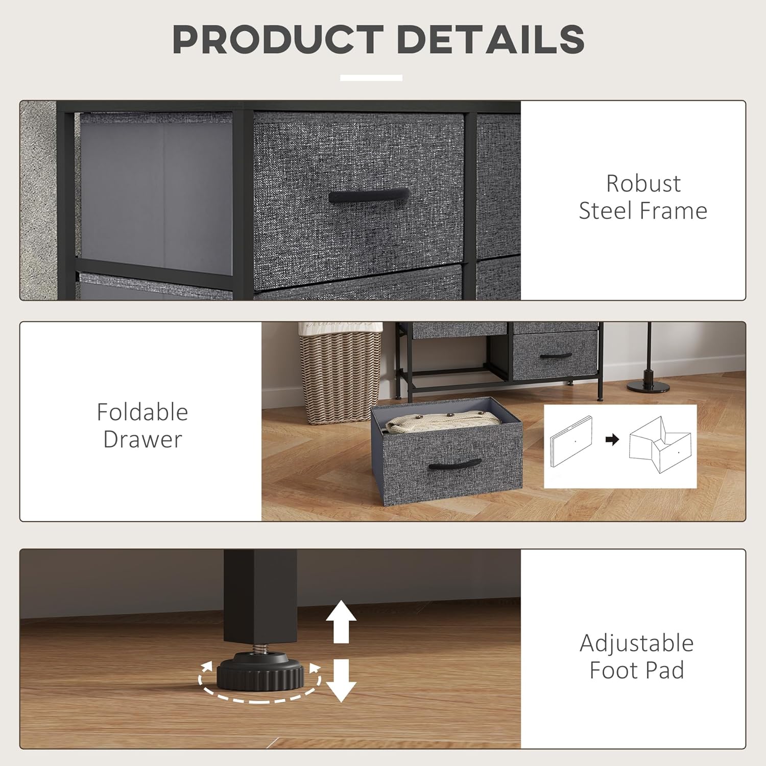 HOMCOM Fabric Chest of Drawers, Industrial Bedroom Dresser with 6 Fabric Drawers, Steel Frame and Wooden Top for Nursery, Living Room, Hallway, Black