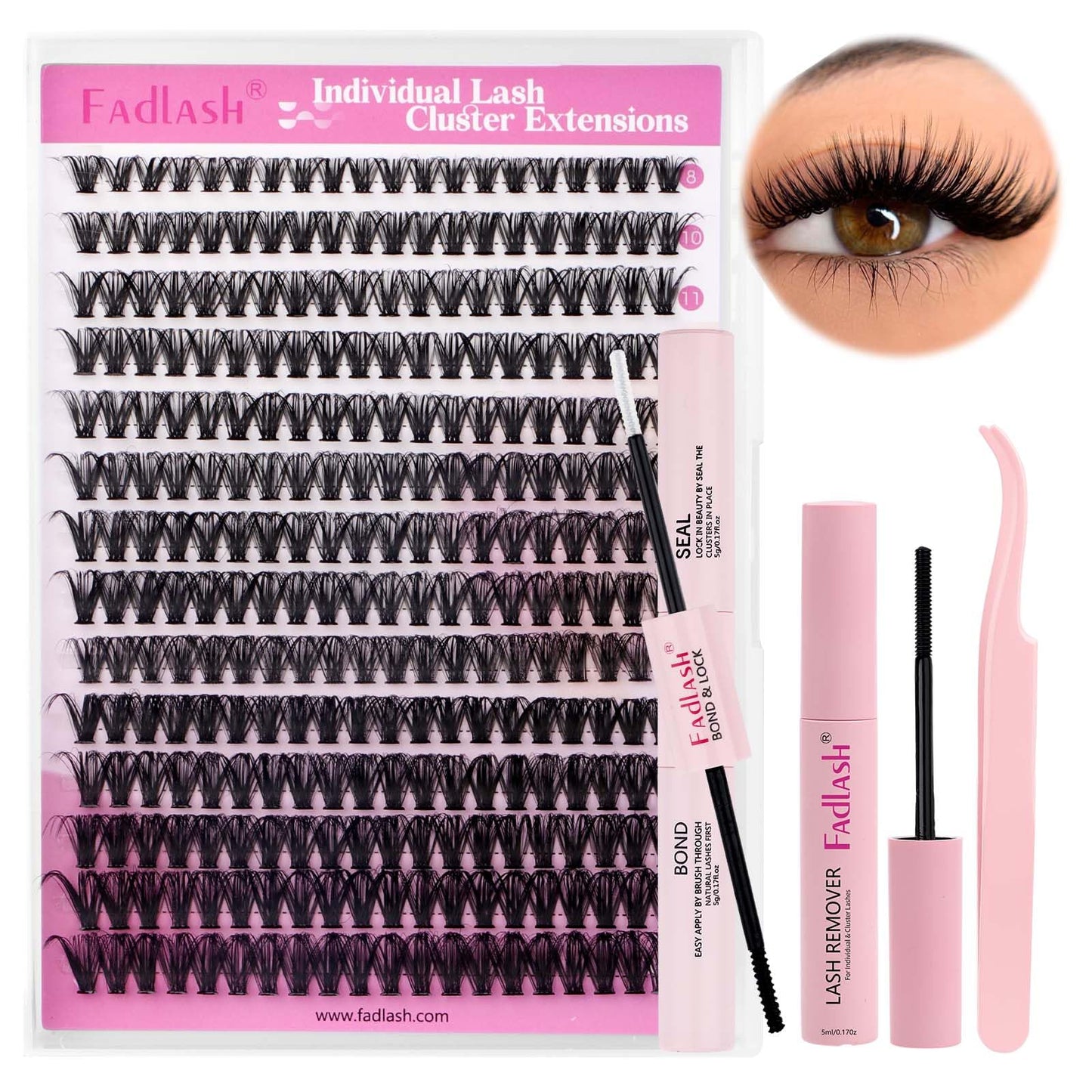 FADLASH DIY Lash Extension Kit Individual Lashes Clusters30P+40P D Curl 8-16mm Lash Bond and Seal, Clusters Lash Glue Remover and Eyelash Tweezers for Eyelash Extensions