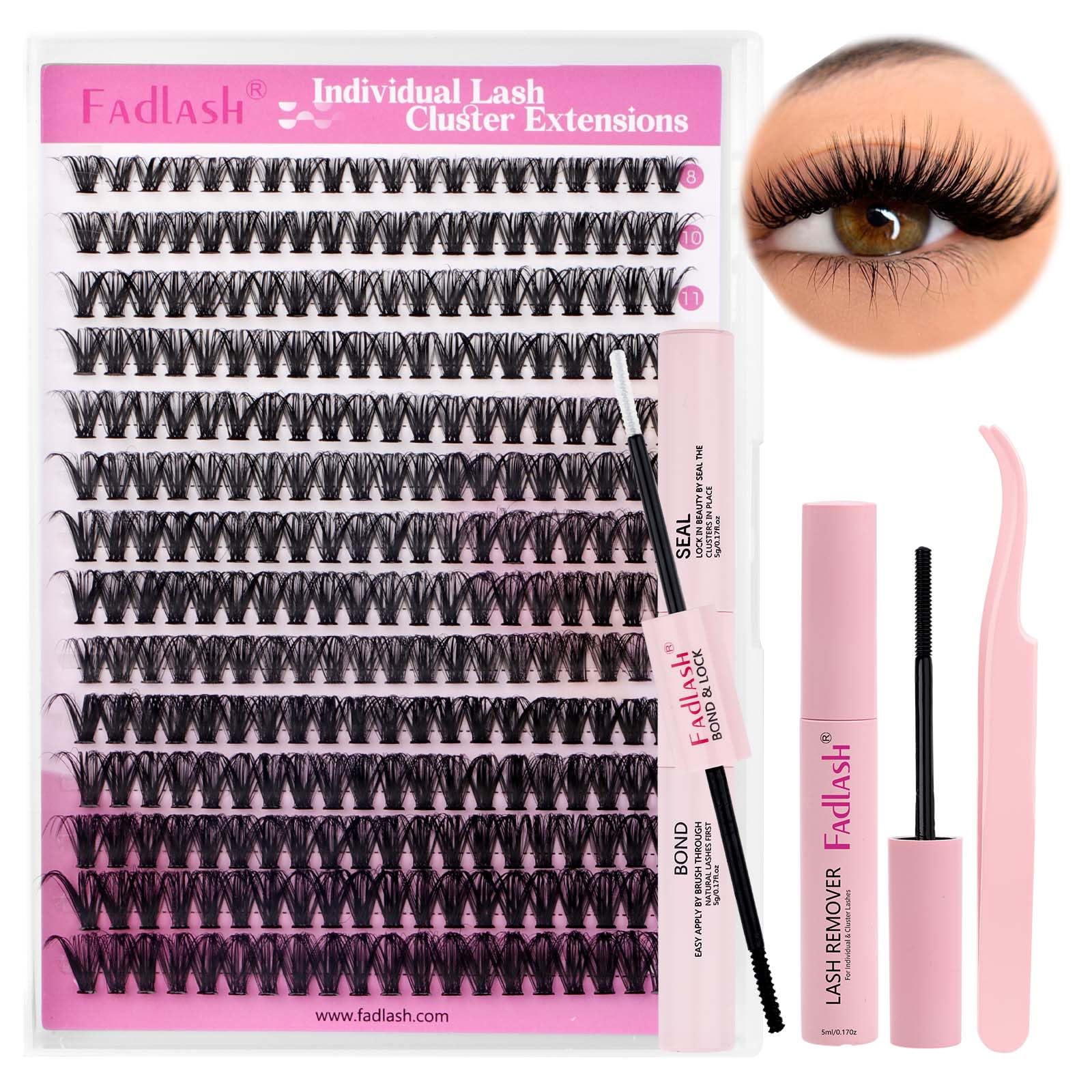 FADLASH DIY Lash Extension Kit Individual Lashes Clusters30P+40P D Curl 8-16mm Lash Bond and Seal, Clusters Lash Glue Remover and Eyelash Tweezers for Eyelash Extensions
