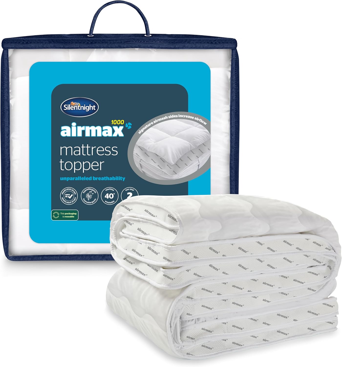 Silentnight Airmax 1000 Double Mattress Topper - Extra Thick Deep Fitted Mattress Enhancer with 10cm Thick Cushioning, Mesh Sides to Increase Airflow and Elasticated Straps - Double - 190x135cm