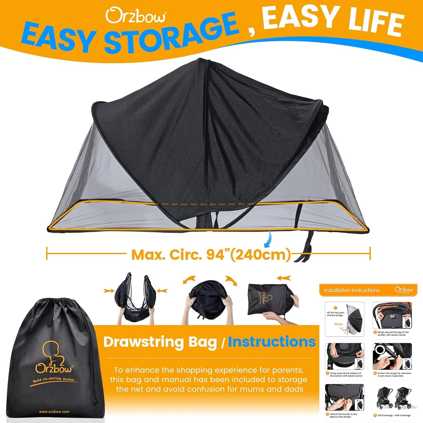 Orzbow Universal Baby Mosquito Net & Buggy Sun Shade with UPF50+,Breathable Pram Net Cover with Two-way Zipper & Adjustable Stroller Sun Cover with Bag for Pushchair,Car Seat & Carrycot (Black)