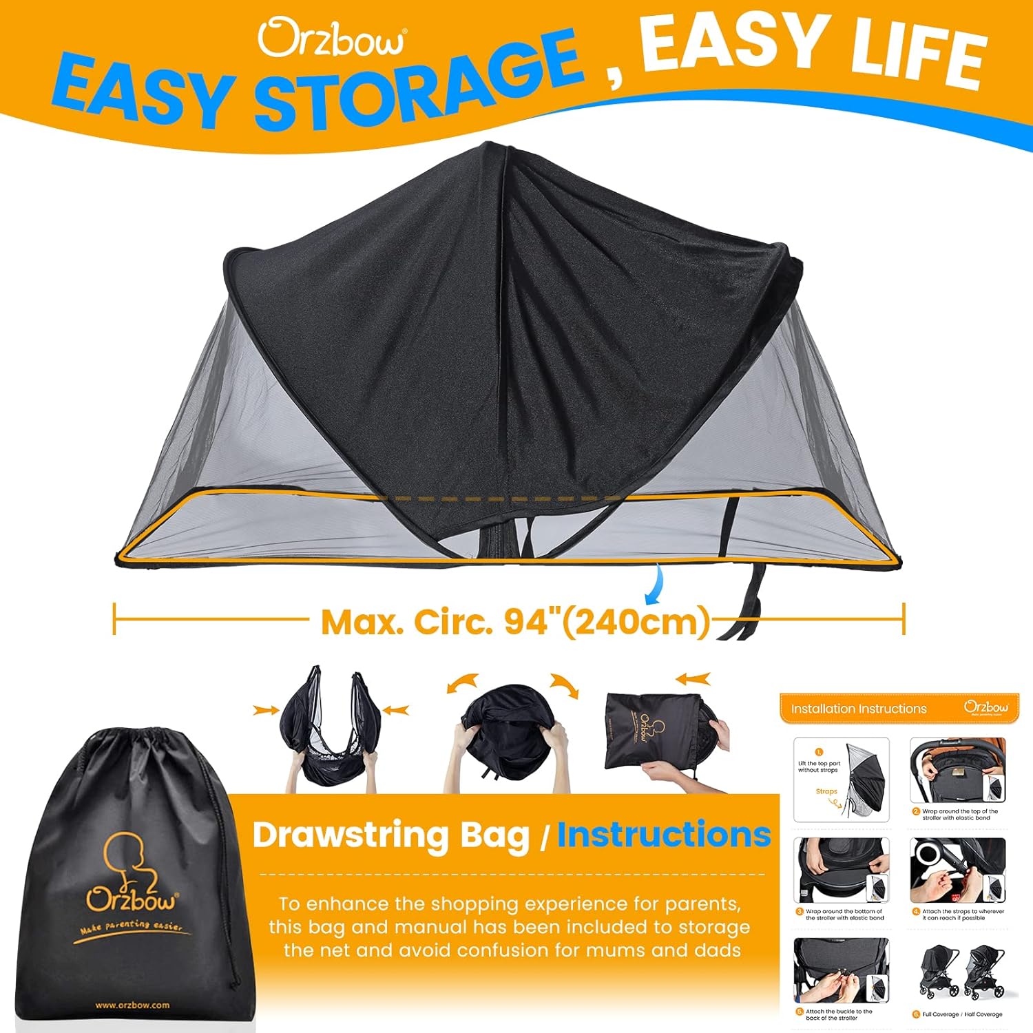 Orzbow Universal Baby Mosquito Net & Buggy Sun Shade with UPF50+,Breathable Pram Net Cover with Two-way Zipper & Adjustable Stroller Sun Cover with Bag for Pushchair,Car Seat & Carrycot (Black)