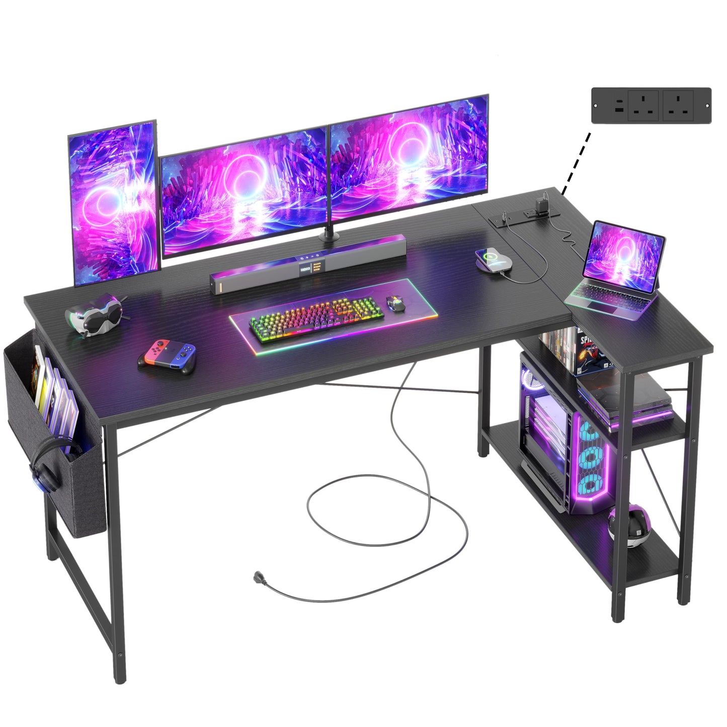 BEXEVUE L Shaped Gaming Desk with Power Outlets, 100x70 cm Computer Desk with Storage Bag, Office Desk Small Writing Table with Large Reversible Storage Shelves, Workstation Study Home Office, Black