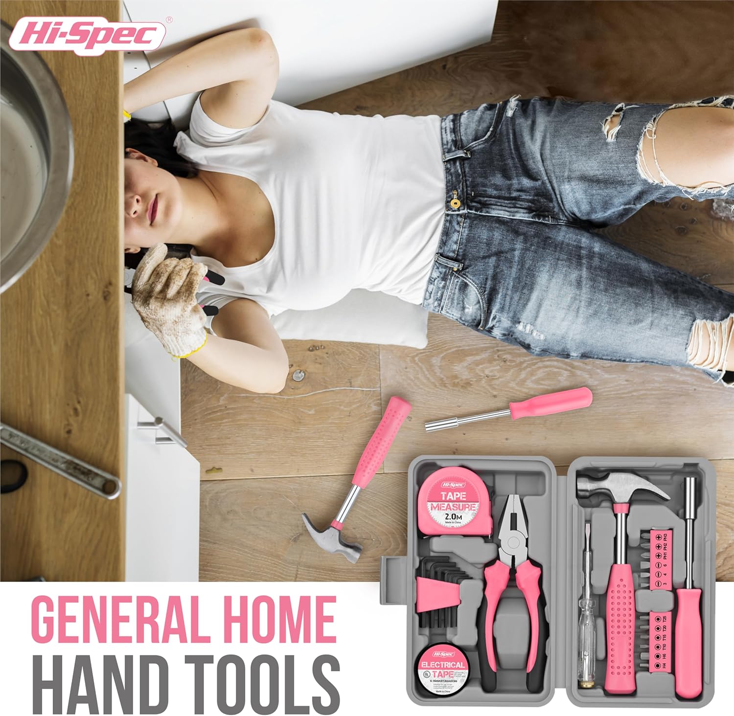 Hi-Spec Pink Small Tool Kit for Home DIY, Repairs & Crafts – 24pc Lady Tool Set with Mini Hammer, Pliers, Screwdriver Set, Hex Keys & Tape Measure in Compact Tool Box Case – Gift for Women