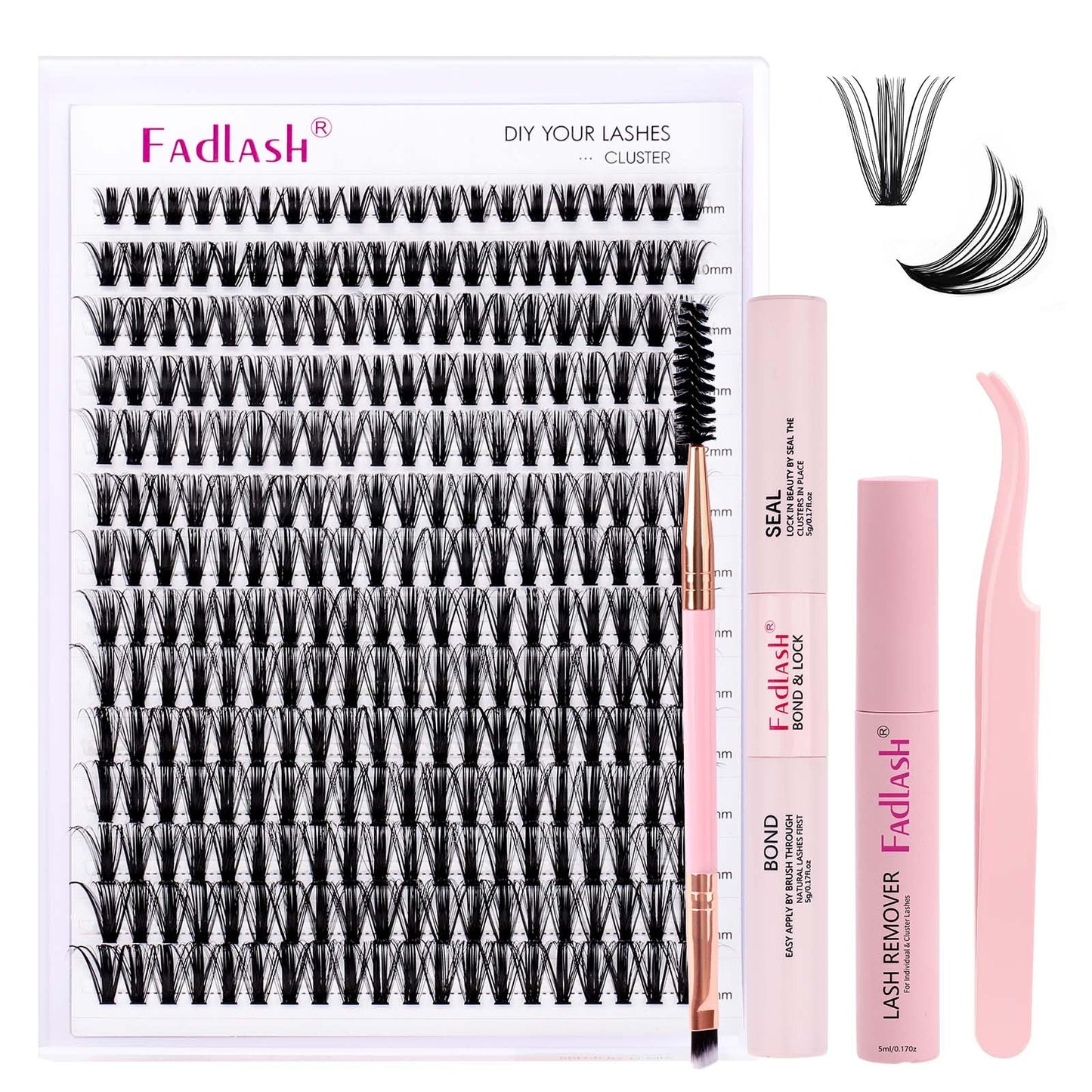 FADLASH DIY Lash Extension Kit Individual Lashes Clusters30P+40P D Curl 8-16mm Lash Bond and Seal, Clusters Lash Glue Remover and Eyelash Tweezers for Eyelash Extensions