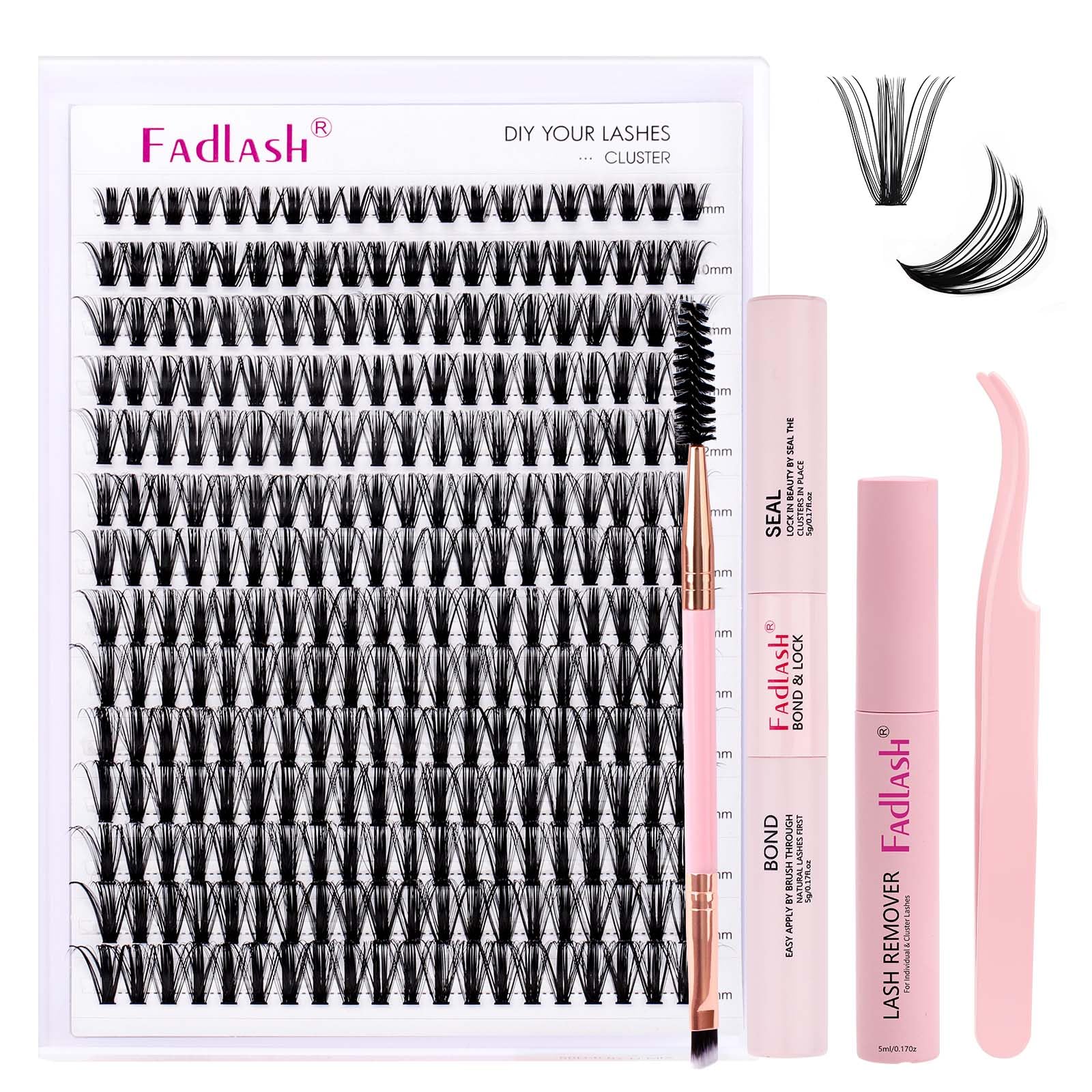 FADLASH DIY Lash Extension Kit Individual Lashes Clusters30P+40P D Curl 8-16mm Lash Bond and Seal, Clusters Lash Glue Remover and Eyelash Tweezers for Eyelash Extensions