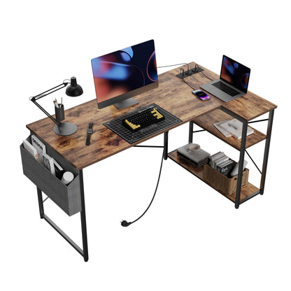 BEXEVUE L Shaped Gaming Desk with Power Outlets, 100x70 cm Computer Desk with Storage Bag, Office Desk Small Writing Table with Large Reversible Storage Shelves, Workstation Study Home Office, Black