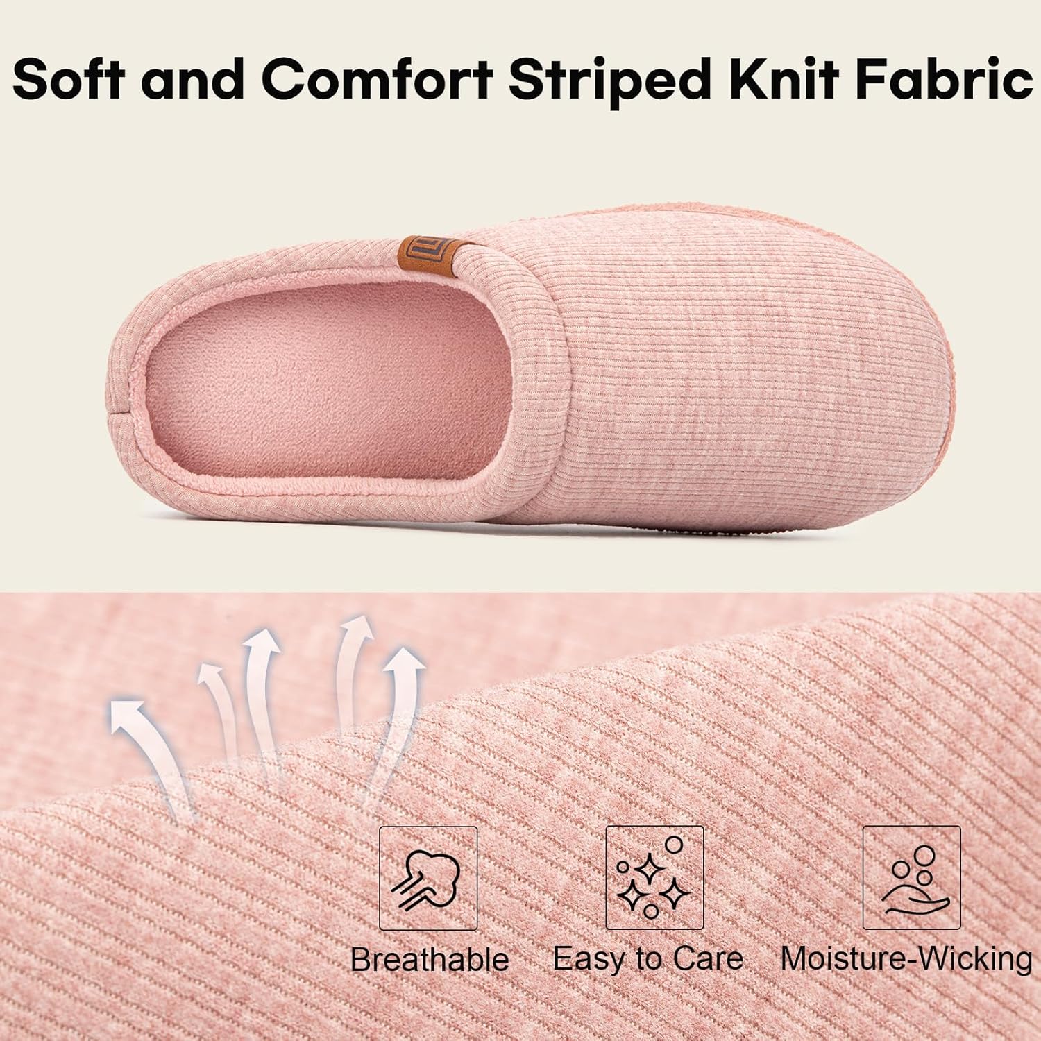 FamilyFairy Women’s Slippers Cosy Memory-Foam Striped Knit Non-Slip Indoor Outdoor Ladies House Shoes