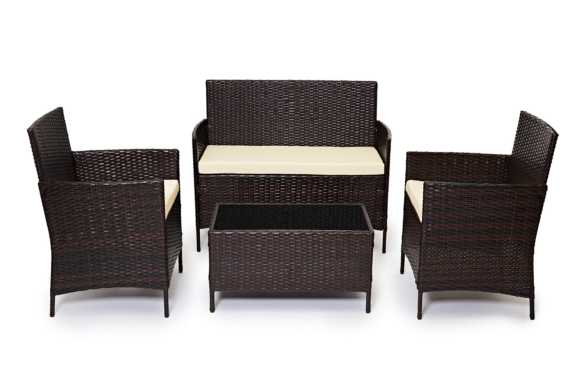 Grey Rattan Garden Furniture Set Patio Conservatory Balcony Indoor Outdoor 4 Seater Piece Glass Top Coffee Table Modular Sofa Loveseat with Cushions