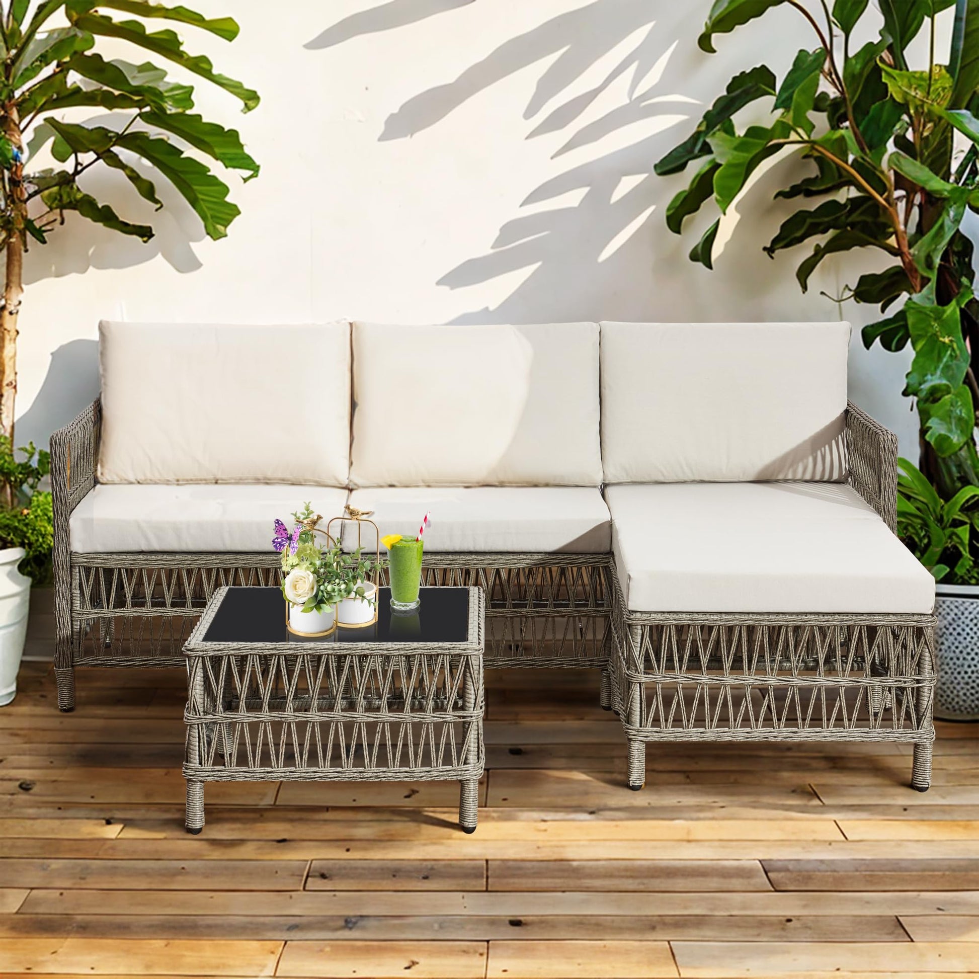 AOUXIN 3-Piece Rattan Garden Furniture Set, Outdoor Sectional Sofa with Coffee Table, Black Wicker, White Cushions