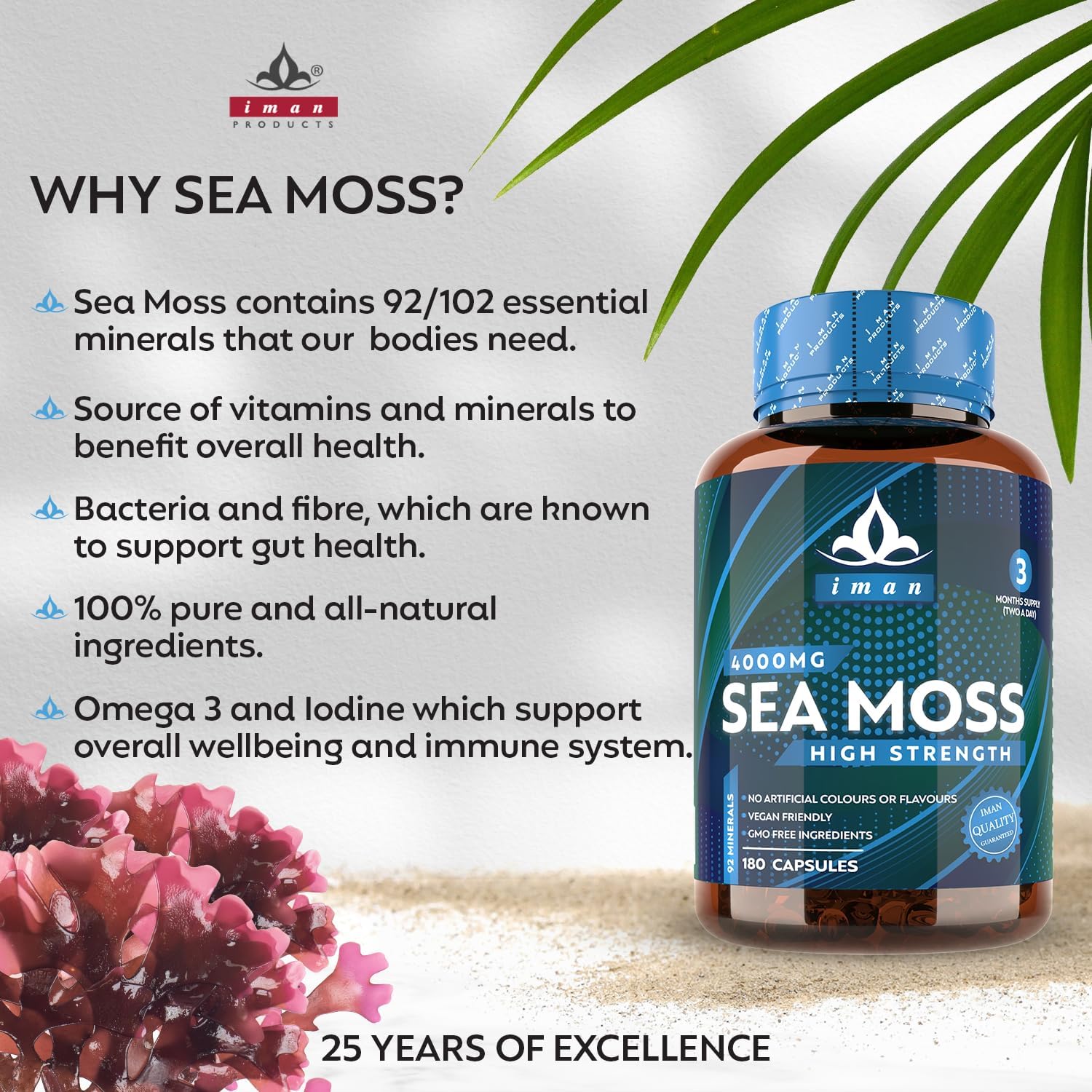 High Strength Sea Moss 4000mg Capsules (180 Count) - Natural Source of Iodine - Wild Harvested - Vegan Friendly (3 Months Supply) - GMO Free, Gluten-Free, Made in The UK