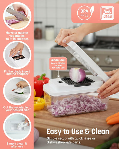 Keplin - 7-in-1 Vegetable Chopper with Container - Multi-Functional Slicer, Dicer & Grater - BPA Free, Dishwasher Safe, Non-Slip Base, Food-Grade ABS & Stainless Steel Blades