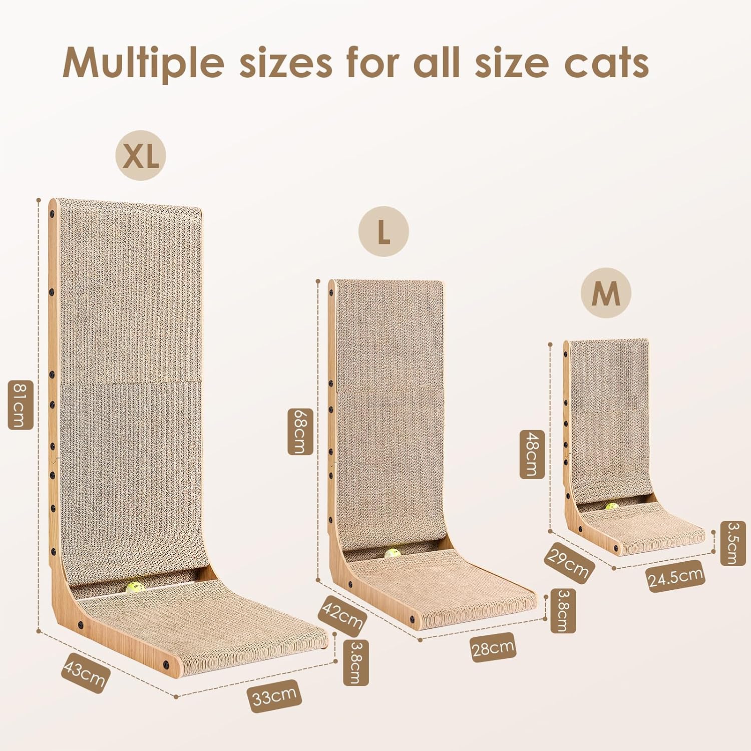 EHEYCIGA 68cm L-Shape Vertical Cardboard Scratching Board for Indoor Cats, Large Scratch Pad With Ball Toy
