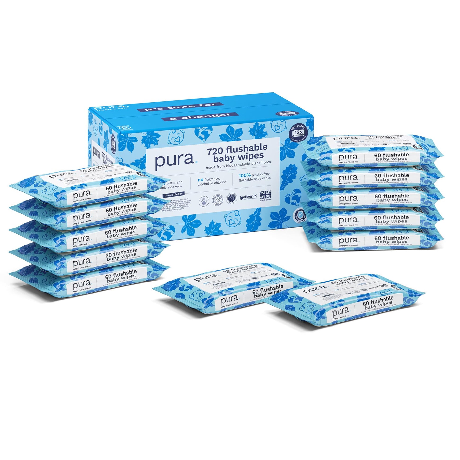 Pura Eco Flushable Baby Wipes - 1 Pack (60 Wipes) 100% Plastic Free, 99% Water, Suitable for Sensitive, Eczema Prone Skin, Newborn Baby & Toddlers, Biodegradable, Vegan, Potty Training