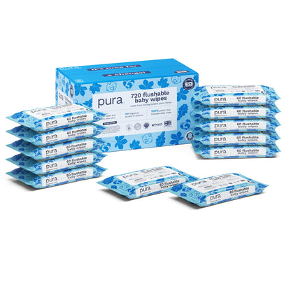 Pura Eco Flushable Baby Wipes - 1 Pack (60 Wipes) 100% Plastic Free, 99% Water, Suitable for Sensitive, Eczema Prone Skin, Newborn Baby & Toddlers, Biodegradable, Vegan, Potty Training