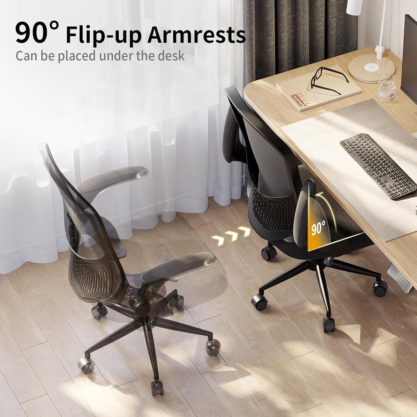 naspaluro Computer Desk Chair, Ergonomic Office Chair with 3D Lumbar Support, Flip-up Armrests Mesh Chair with Metal Claws, Mid-Back Home Office Chair-Black