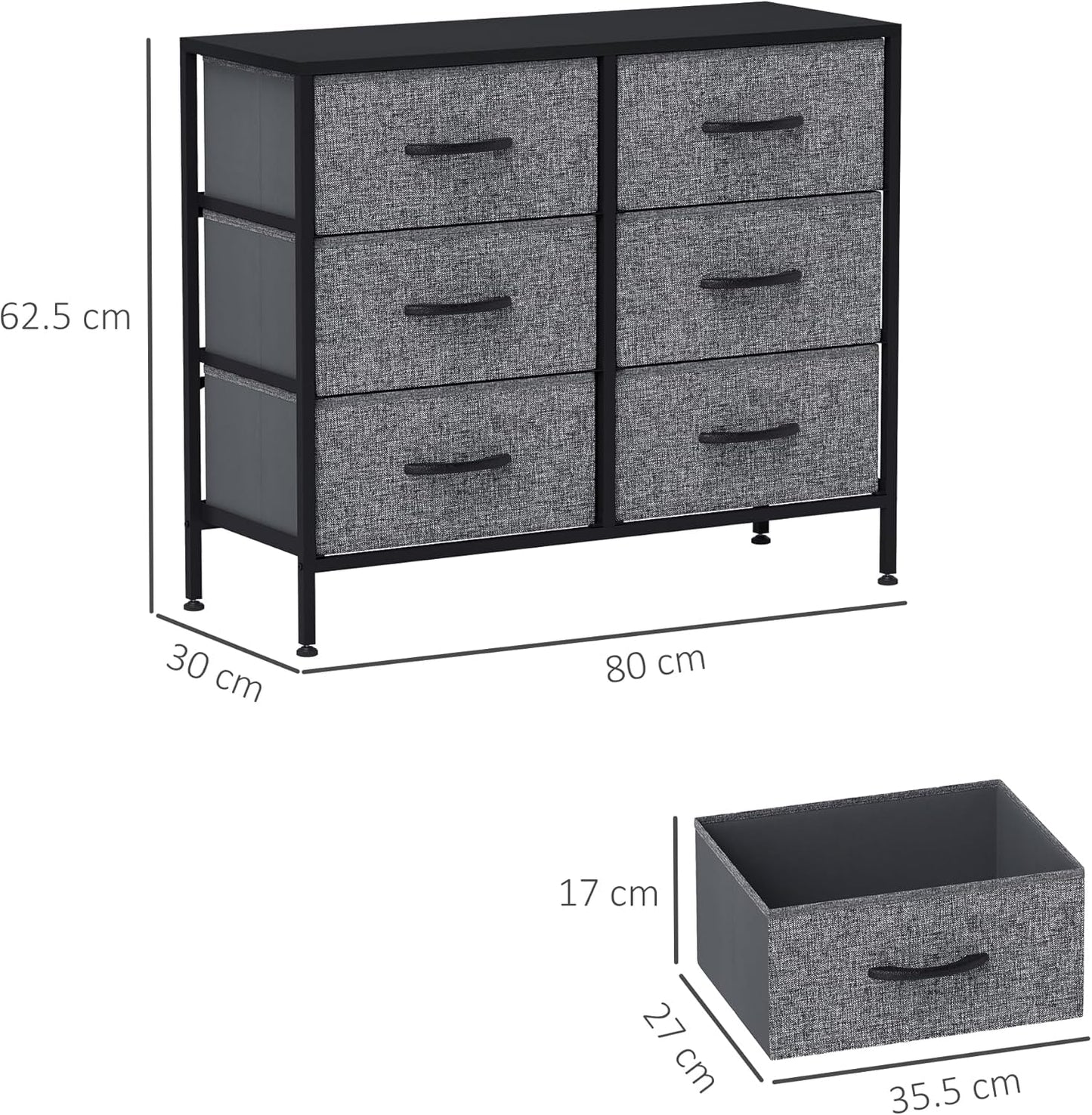 HOMCOM Fabric Chest of Drawers, Industrial Bedroom Dresser with 6 Fabric Drawers, Steel Frame and Wooden Top for Nursery, Living Room, Hallway, Black