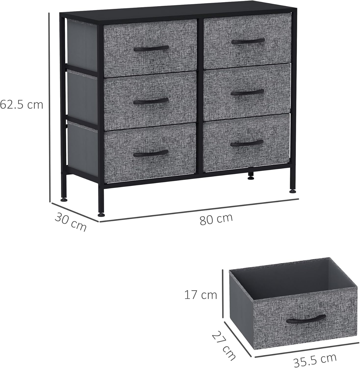 HOMCOM Fabric Chest of Drawers, Industrial Bedroom Dresser with 6 Fabric Drawers, Steel Frame and Wooden Top for Nursery, Living Room, Hallway, Black