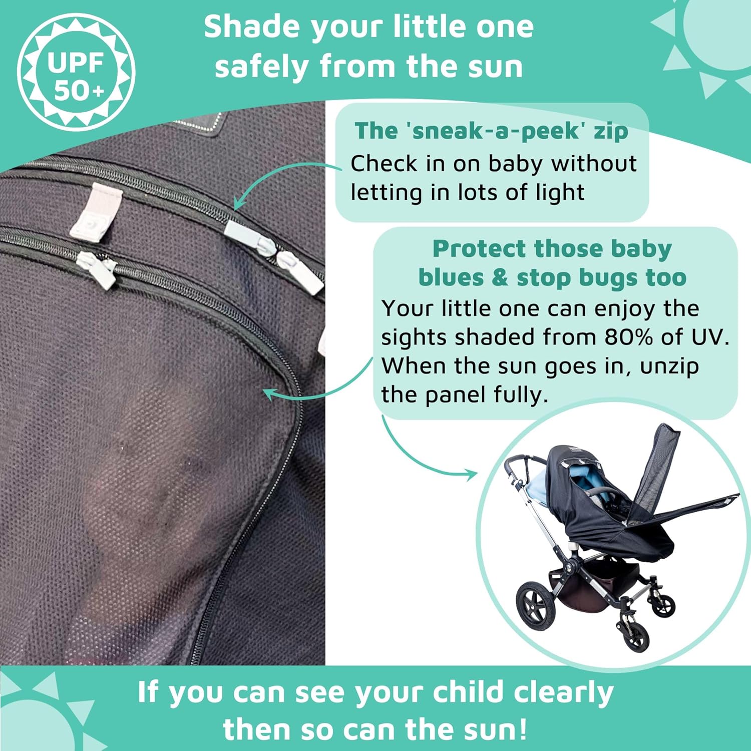 SnoozeShade Plus Extra (6m+) - Pram Sun Shade for Prams, Buggies, Travel Strollers & Pushchairs, Blocks 99% UV (UPF 50+), More Shade Than a Pram Parasol