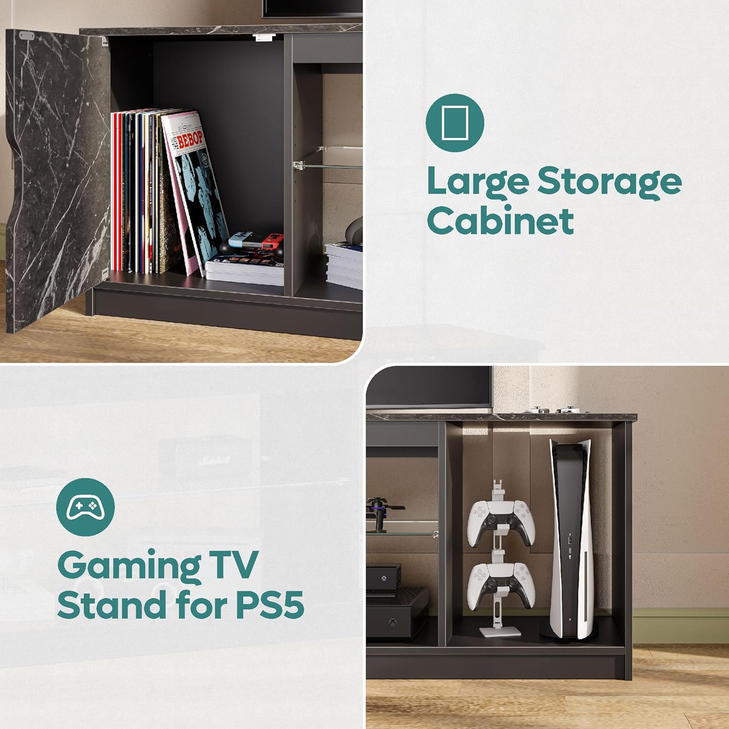 Bestier 145 CM LED TV Stand for 55/60 / 65 Inch TVs Gaming Entertainment Center with Cabinet for PS5 Modern TV Cabinet with Adjustable Glass Shelves for Living Room Bedroom
