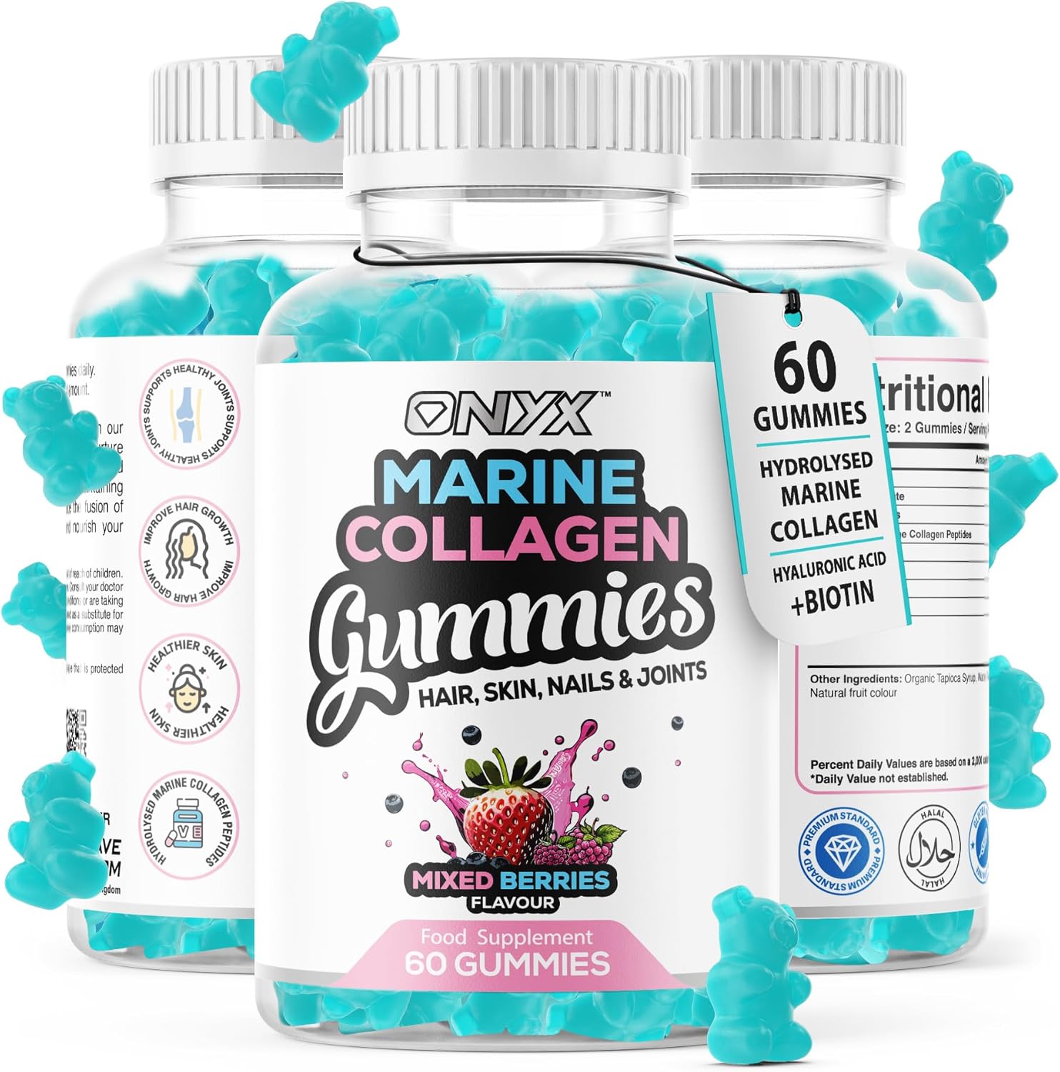 Onyx Marine Collagen 2200mg with Hyaluronic Acid & Biotin - High Strength Collagen Supplements for Women & Men - 60 Vegan Gummies