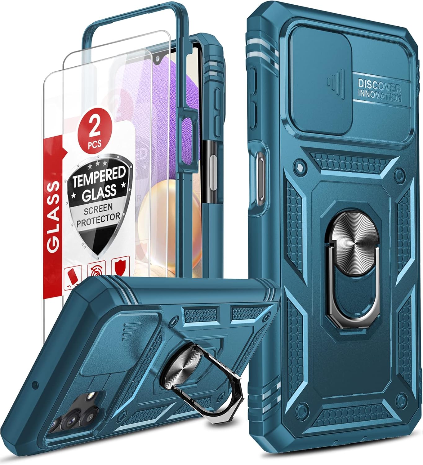 LeYi for Samsung Galaxy A32 5G Case and 2 Tempered Glass Screen Protector with Slide Camera Cover, Ring Holder Full Body Protective Heavy Duty Shockproof Silicone Tough Hard Armour Phone Case,Sea Blue