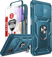 LeYi for Samsung Galaxy A32 5G Case and 2 Tempered Glass Screen Protector with Slide Camera Cover, Ring Holder Full Body Protective Heavy Duty Shockproof Silicone Tough Hard Armour Phone Case,Sea Blue