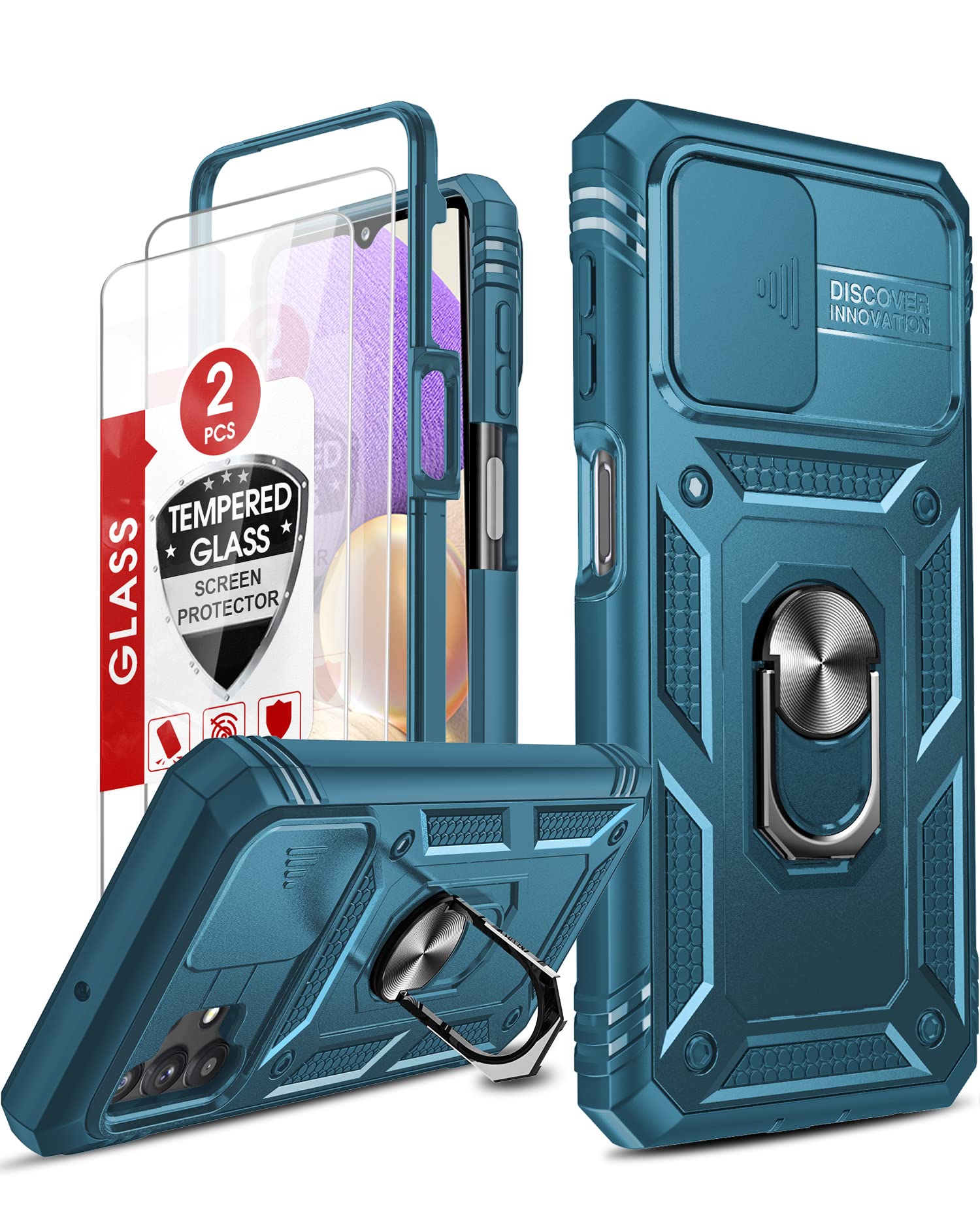 LeYi for Samsung Galaxy A32 5G Case with Slide Camera Cover and 2 Tempered Glass Screen Protector,Ring Holder Full Body Protective Heavy Duty Shockproof Silicone Tough Hard Armour Phone Cover, Black
