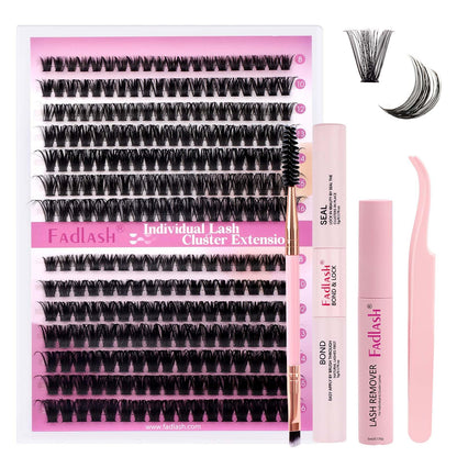 FADLASH DIY Lash Extension Kit Individual Lashes Clusters30P+40P D Curl 8-16mm Lash Bond and Seal, Clusters Lash Glue Remover and Eyelash Tweezers for Eyelash Extensions