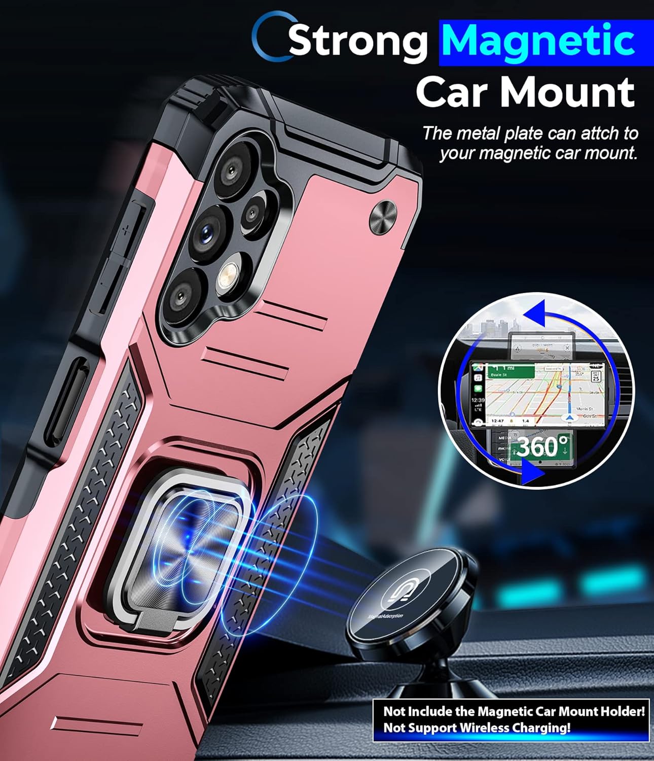 LeYi for Samsung Galaxy A13 4G Phone Case and 2 Tempered Glass Screen Protector + 2 Camera Lens Protector, Ring Holder Shockproof Military Grade Protective Mobile Phone Cover for Samsung A13 Rose Gold