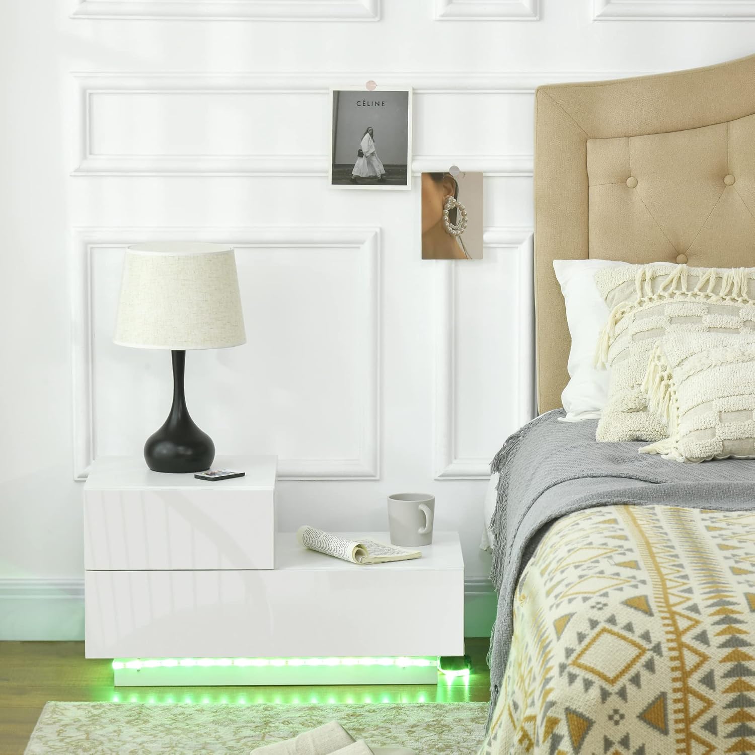 HOMCOM Bedside Table with LED Light, Nightstand with 2 Drawers and High Gloss Front, USB Powered Side Table with Remote for Bedroom, Living Room, White
