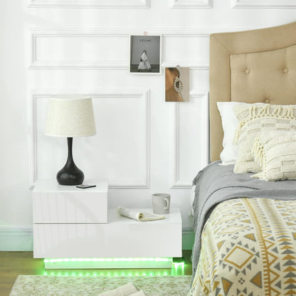 HOMCOM Bedside Table with LED Light, Nightstand with 2 Drawers and High Gloss Front, USB Powered Side Table with Remote for Bedroom, Living Room, White