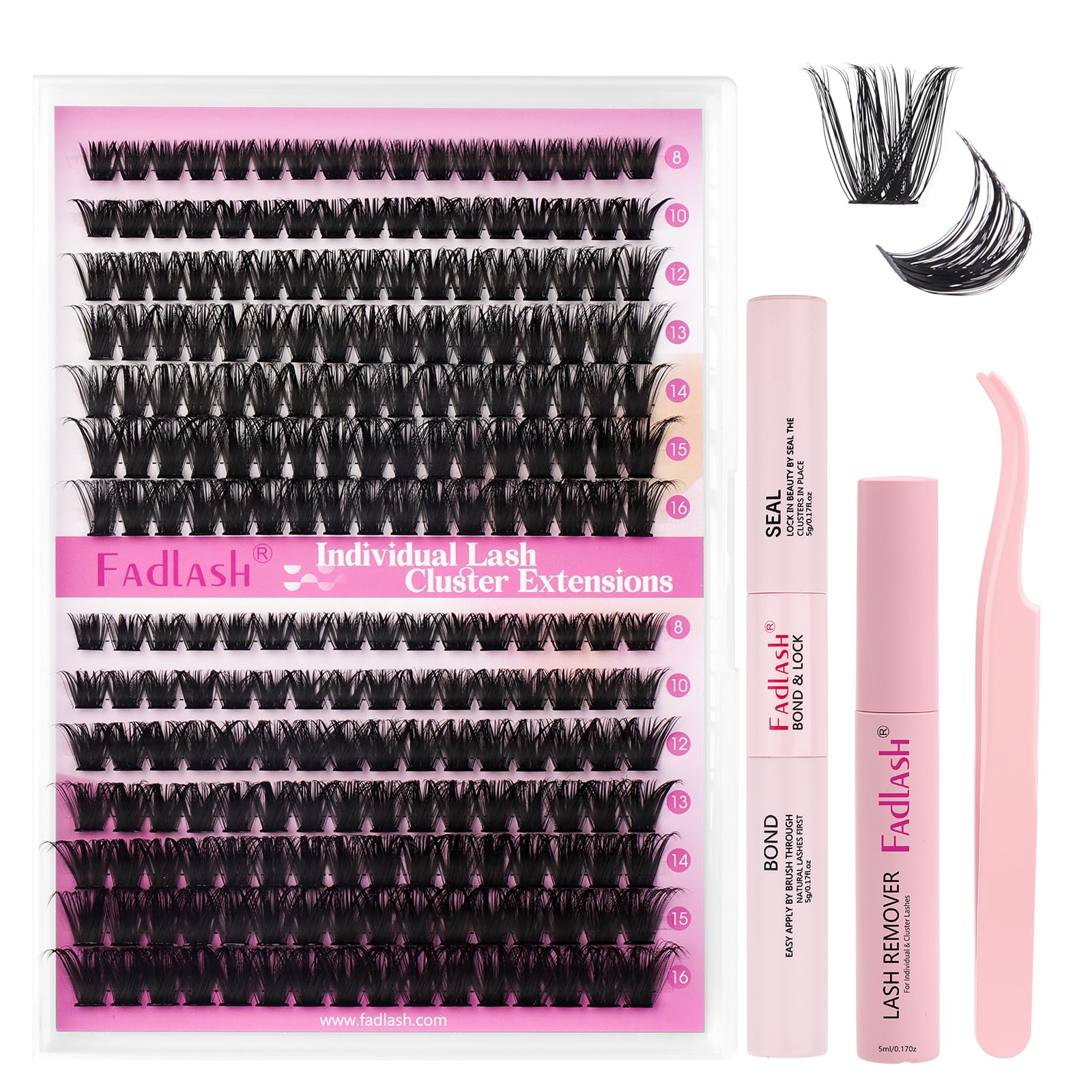 FADLASH DIY Lash Extension Kit Individual Lashes Clusters30P+40P D Curl 8-16mm Lash Bond and Seal, Clusters Lash Glue Remover and Eyelash Tweezers for Eyelash Extensions