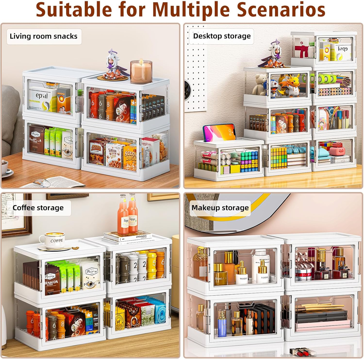 【Latest Model】 4 Pack Mini Stackable Storage Boxes with Lid Multifunctional & Foldable Storage Box for Crafts, Snacks, Stationery and Desk Supplies, Ideal for Desk Organiser Clear Organizer Boxes