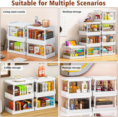【Latest Model】 4 Pack Mini Stackable Storage Boxes with Lid Multifunctional & Foldable Storage Box for Crafts, Snacks, Stationery and Desk Supplies, Ideal for Desk Organiser Clear Organizer Boxes
