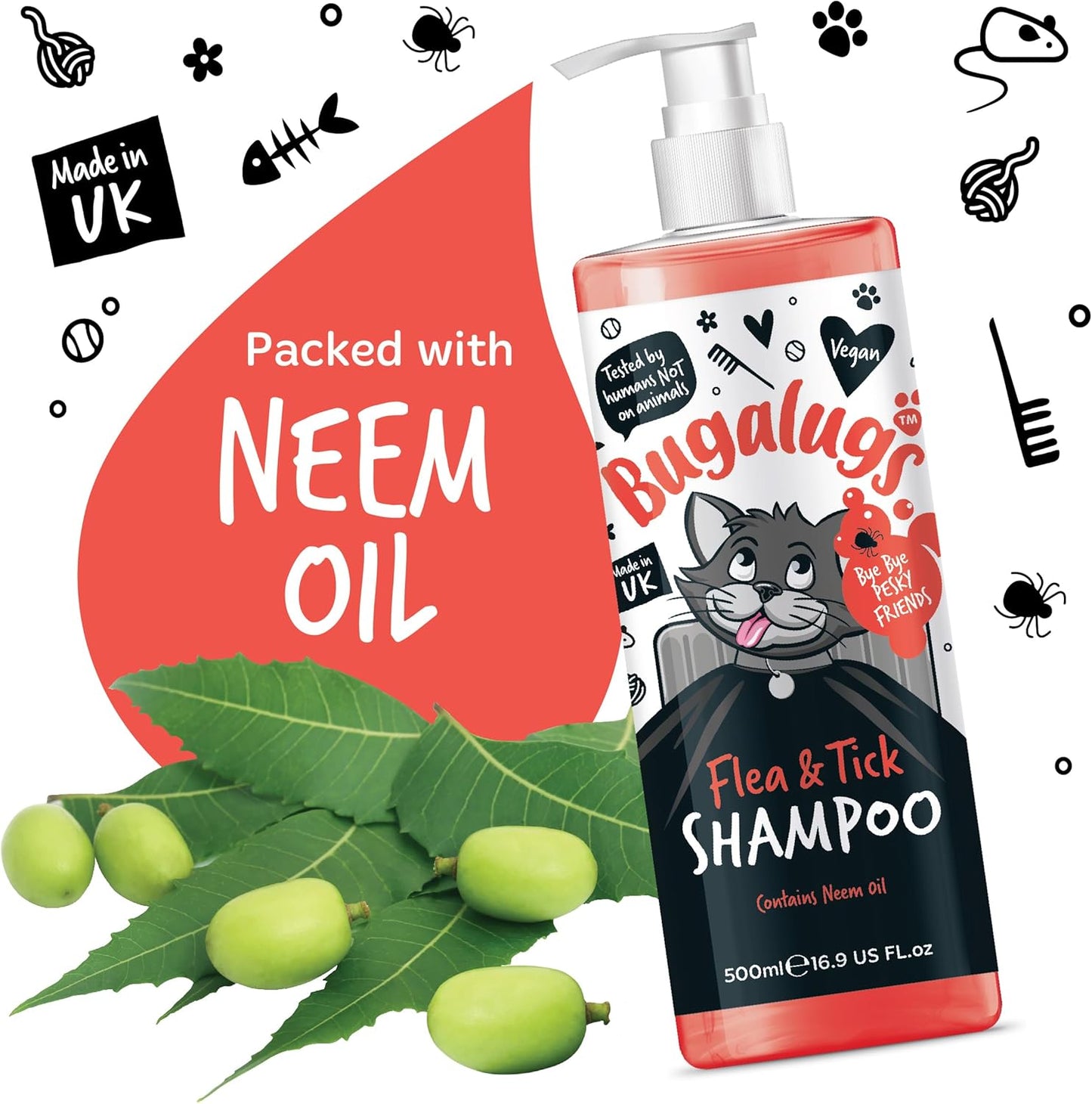 Flea and Tick Cat Shampoo by Bugalugs 500ml, Deep Cleansing for Cats for Fleas, Ticks & Mites contains Neem Oil, PH Balanced Vegan (500ml Flea Shampoo)