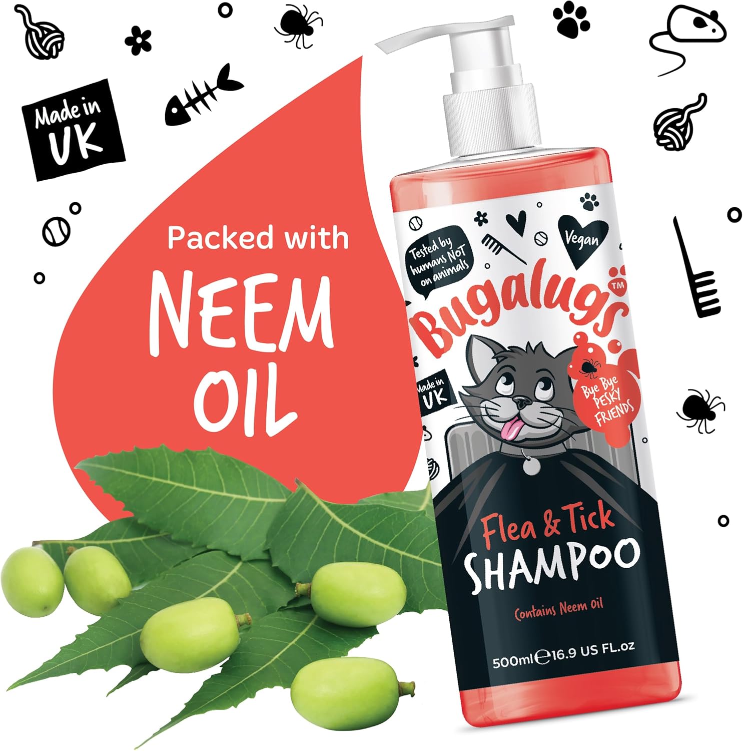 Flea and Tick Cat Shampoo by Bugalugs 500ml, Deep Cleansing for Cats for Fleas, Ticks & Mites contains Neem Oil, PH Balanced Vegan (500ml Flea Shampoo)