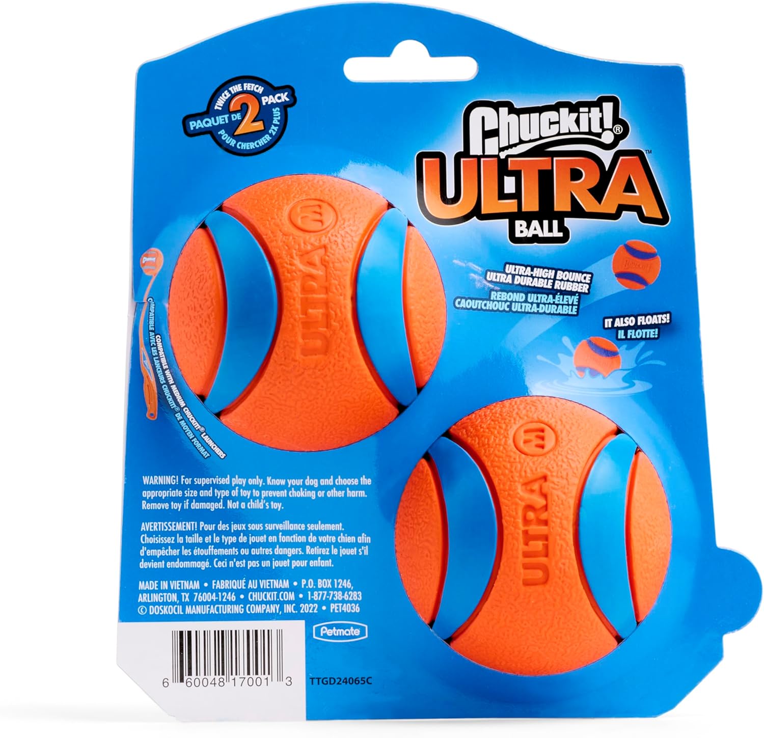 ChuckIt! Ultra Ball Dog Toy, Durable High Bounce Floating Rubber Dog Ball, Launcher Compatible Toy For Dogs, 2 Pack, Medium