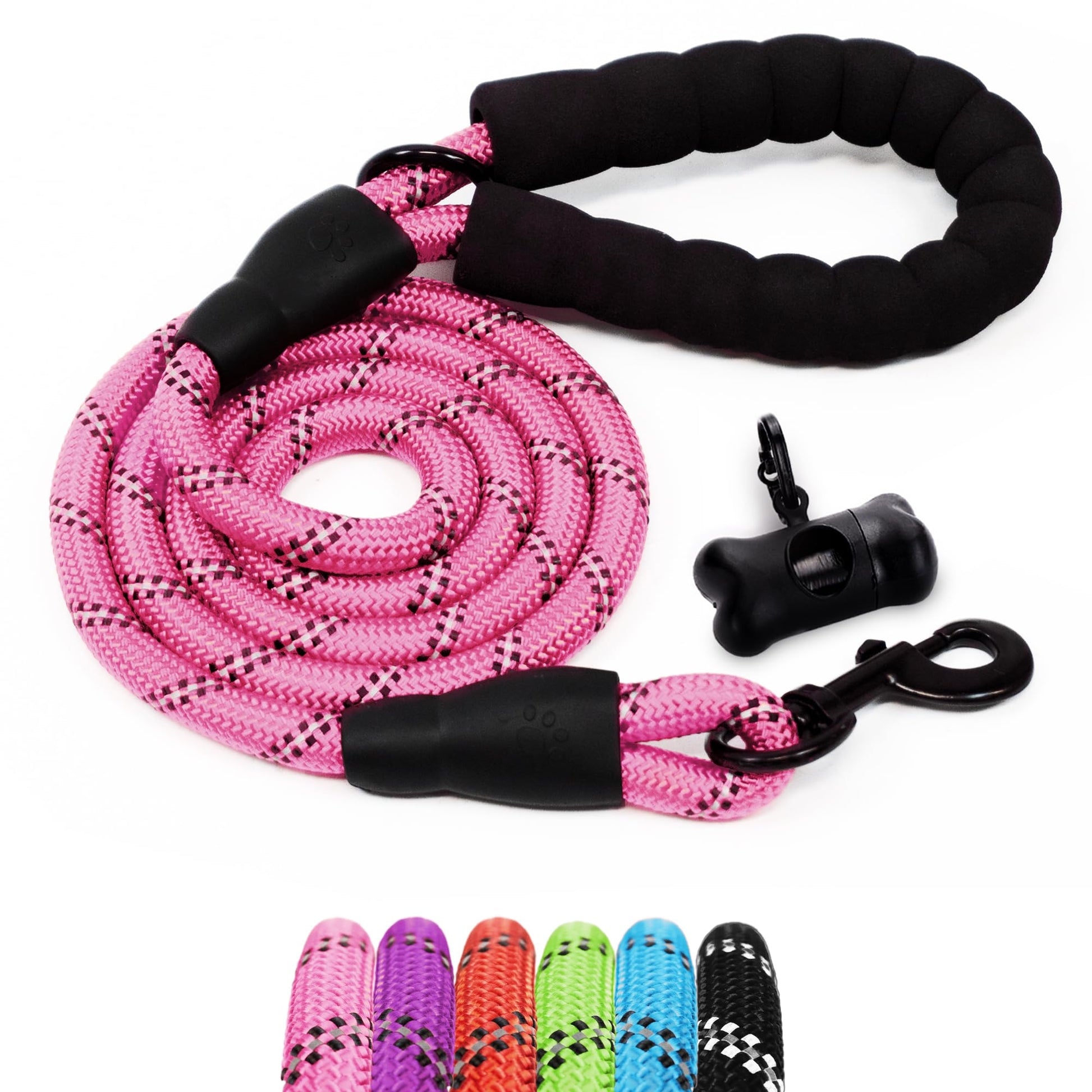 1.5m (5ft) Slip-On Dog Lead - One-Size-Fits-All Leash with Soft Padded Handle & Highly Reflective Threads - Durable & Weather Resistant Climbers Rope for Dogs - Waste bag dispenser included