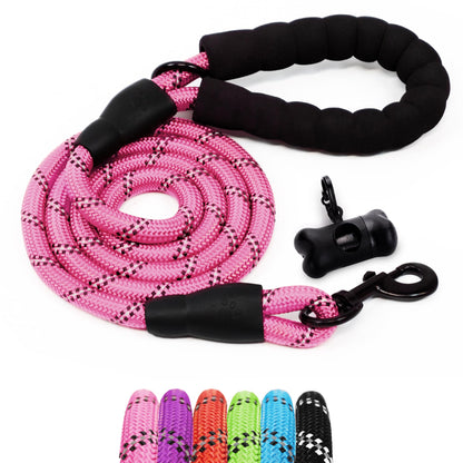 1.5m (5ft) Slip-On Dog Lead - One-Size-Fits-All Leash with Soft Padded Handle & Highly Reflective Threads - Durable & Weather Resistant Climbers Rope for Dogs - Waste bag dispenser included