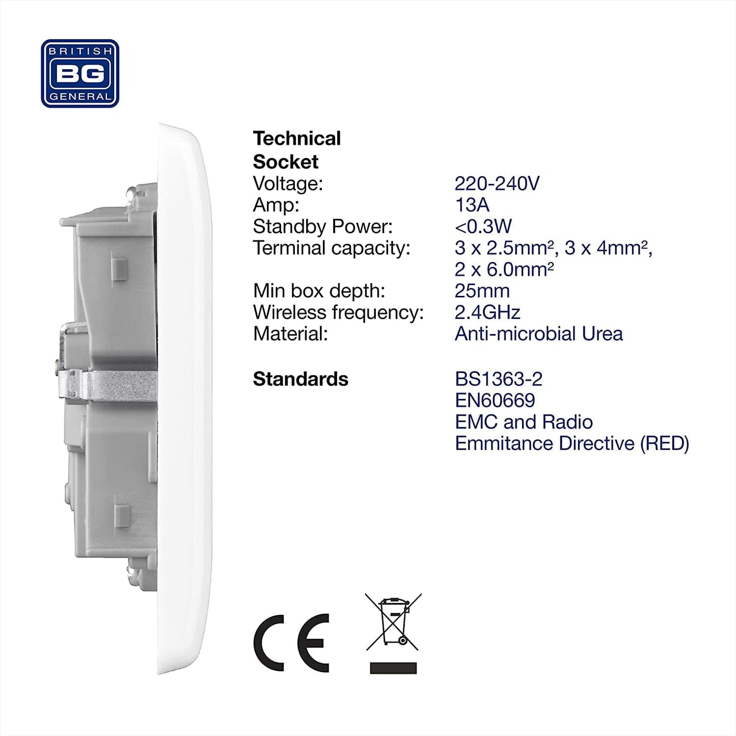 British General Slim Nexus Double Switched 13A Power Socket + Smart Home Control - White