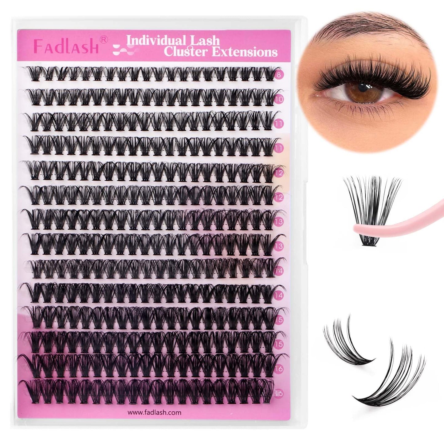 FADLASH DIY Lash Extension Kit Individual Lashes Clusters30P+40P D Curl 8-16mm Lash Bond and Seal, Clusters Lash Glue Remover and Eyelash Tweezers for Eyelash Extensions