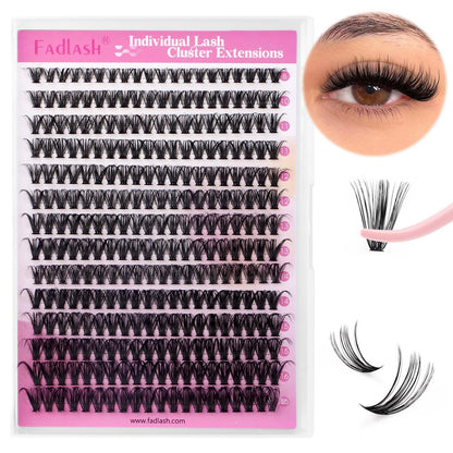 FADLASH DIY Lash Extension Kit Individual Lashes Clusters30P+40P D Curl 8-16mm Lash Bond and Seal, Clusters Lash Glue Remover and Eyelash Tweezers for Eyelash Extensions