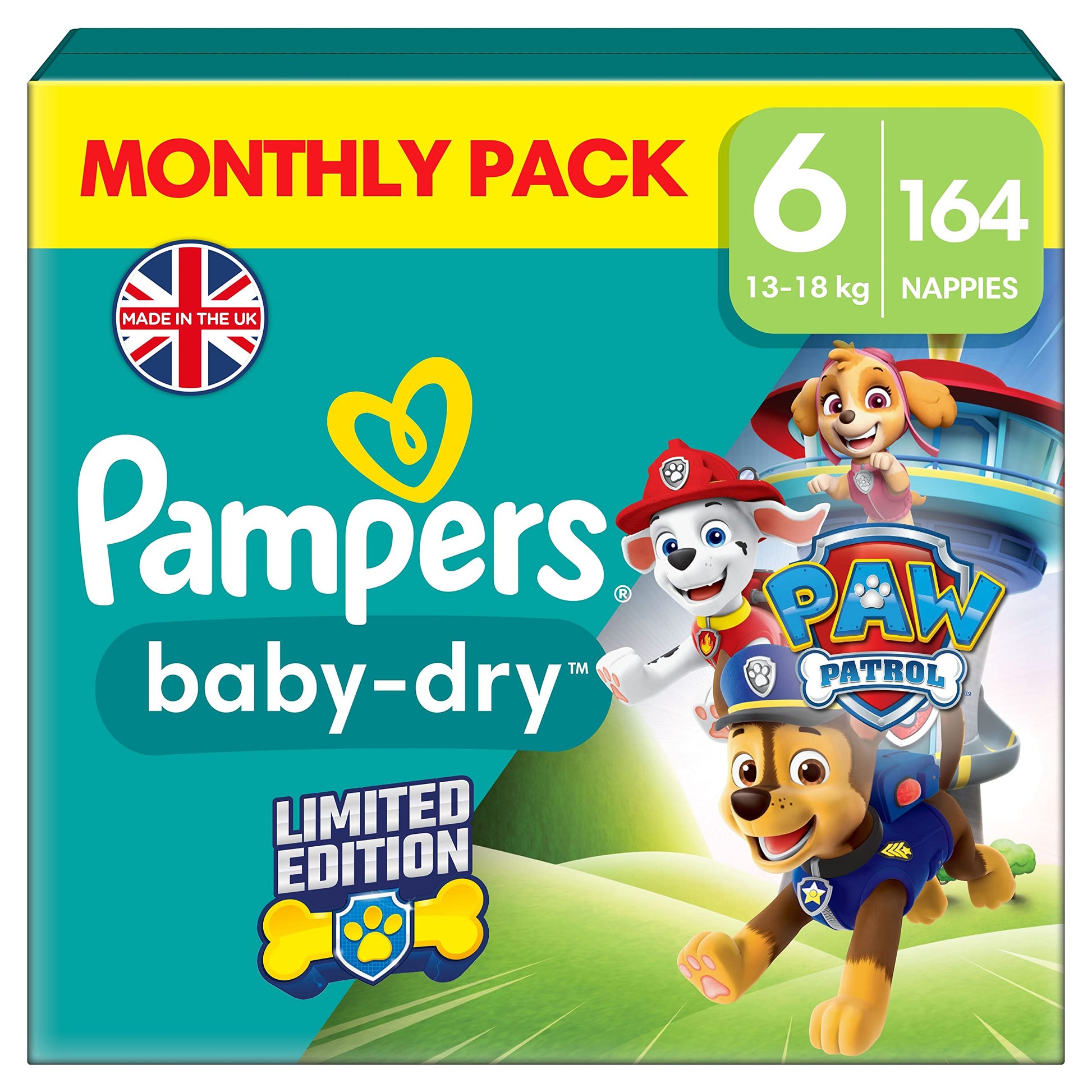 Pampers Baby-Dry Paw Patrol Edition Size 4, 222 Nappies, 9kg - 14kg, Monthly Pack, with A Stop & Protect Pocket to Help Prevent Leaks at The Back