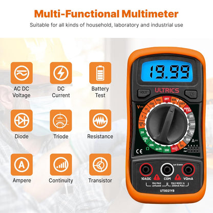 ULTRICS Digital Multimeter, Voltmeter Ammeter Ohmmeter Circuit Checker with Backlight LCD Test Leads, Portable Multi Tester Measures OHM AC DC Voltage Current Resistance Continuity Diodes Transistor
