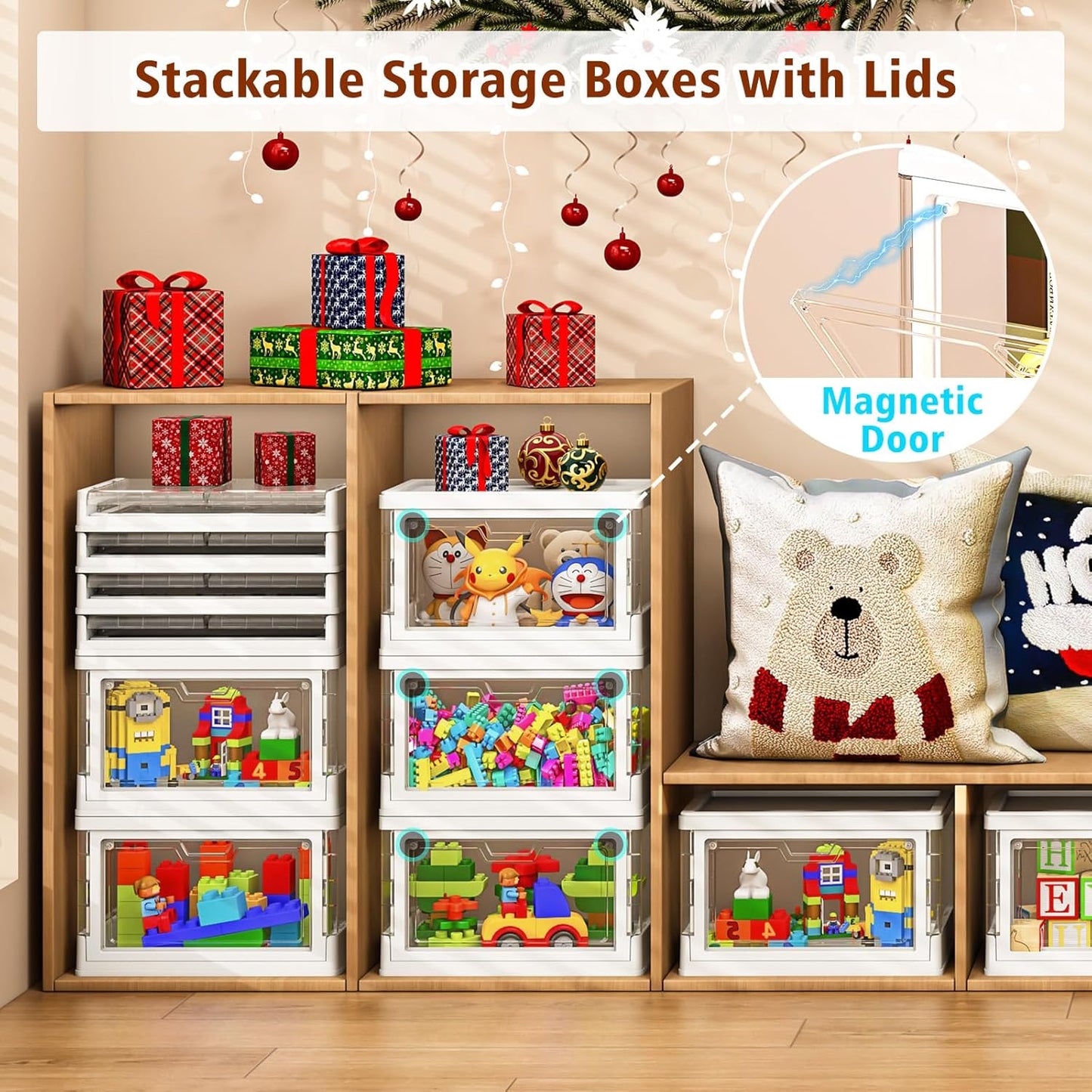 【Latest Model】 4 Pack Mini Stackable Storage Boxes with Lid Multifunctional & Foldable Storage Box for Crafts, Snacks, Stationery and Desk Supplies, Ideal for Desk Organiser Clear Organizer Boxes